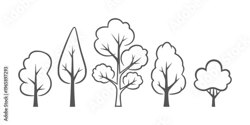 Five simple line trees with varied canopy shapes and trunk structures nature forest