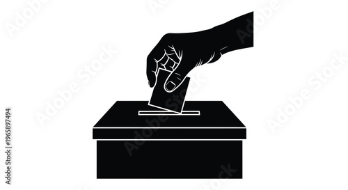 A silhouetted hand depositing a ballot into a voting box