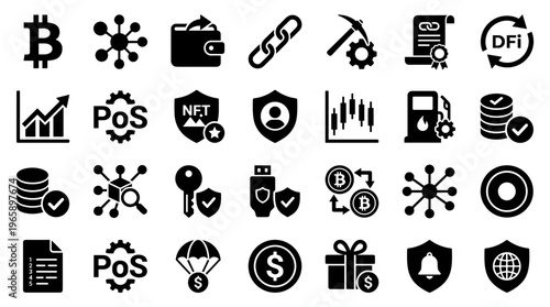 Digital currency and blockchain technology icons representing cryptocurrency finance security and investment concepts