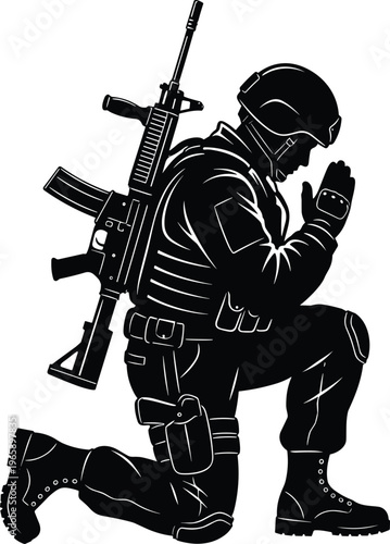 Silhouette vector illustration of kneeling soldier in tactical gear, prayer pose, military respect, remembrance, reflection, solemn moment, armed forces