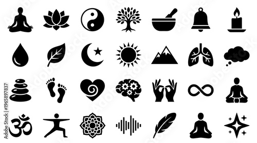 Collection of diverse spiritual and wellness icons representing meditation yoga balance nature and mindfulness concepts