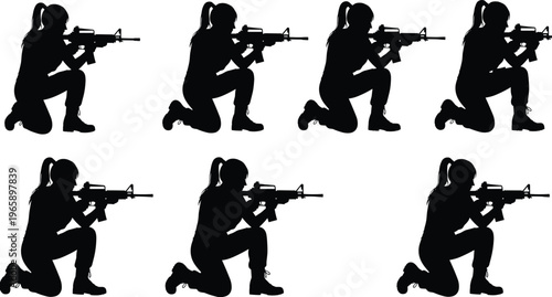 Silhouette vector illustration of kneeling armed soldier, tactical gear, aiming rifle, combat training, military readiness, marksmanship, defense, discipline, armed forces