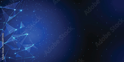 A deep blue abstract space background features a starry night sky with a glowing nebula and shimmering particles across a dark cosmic universe