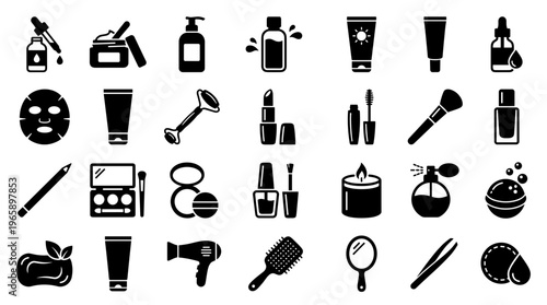 Collection of beauty and skincare product icons and symbols for cosmetic and personal care routines