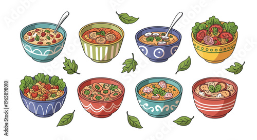 Colorful bowls of soup and salad with various ingredients and decorative designs