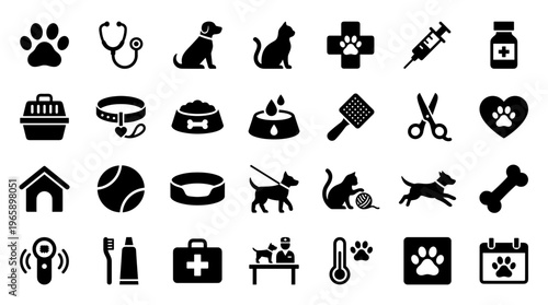 Collection of veterinary icons and symbols representing pet care services and animal health clinic equipment