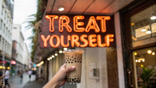 Person holding bubble tea drink near a neon sign that says Treat Yourself