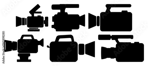 Video camera icon set with solid black icon on white background featuring camera, video, recording with technology and media