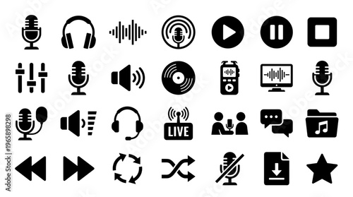 Collection of audio and music icons representing sound recording playback and broadcasting equipment and symbols for digital media production and broadcasting