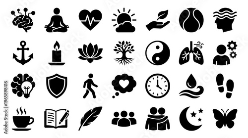 Collection of Icons Representing Health Wellness Lifestyle and Mindset Concepts