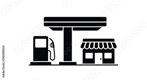Simple black and white illustration of a gas station with a convenience store