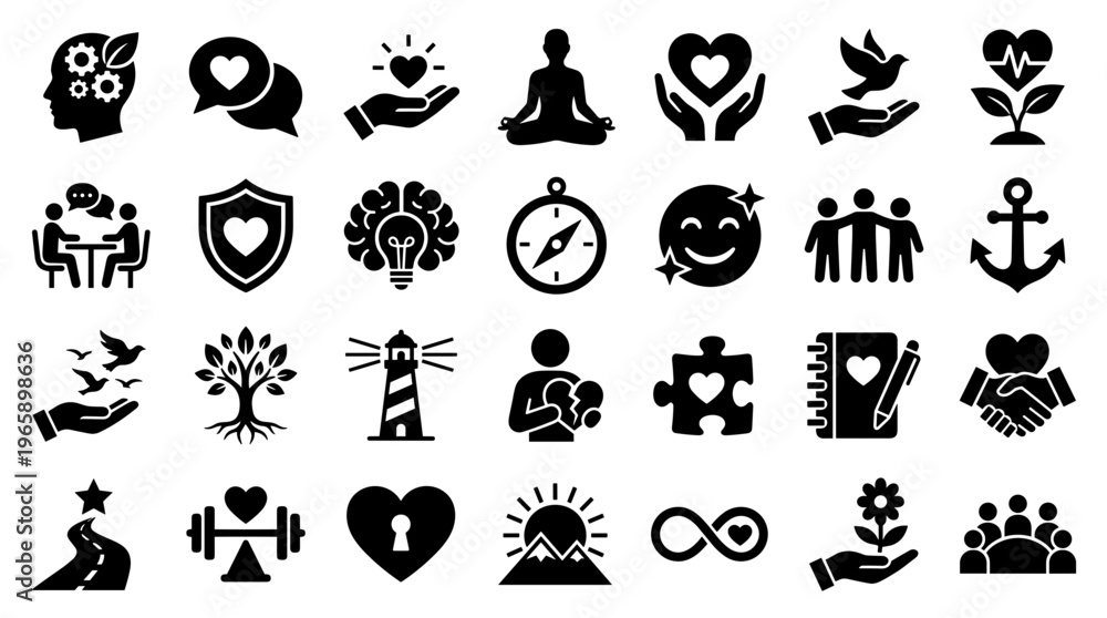 Fototapeta premium Collection of abstract icons representing positive emotions, well-being, success, and human connection