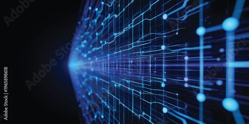 A blue and black abstract technology background features a motion wave pattern and fiber optics with light spots to create a virtual reality fractal design composition