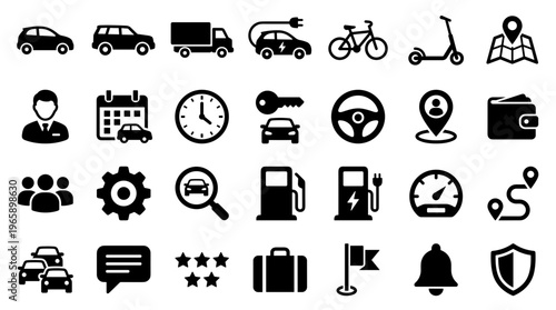 Collection of diverse transportation and travel icons representing mobility services car sharing and navigation options for modern urban life