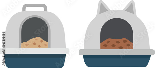Flat Illustration Set of Covered Cat Litter Boxes and Enclosed Pet Beds for National Pet Day