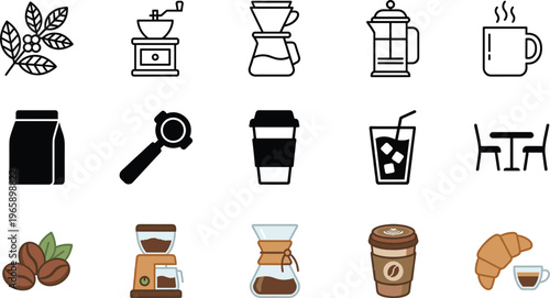 Coffee and Cafe Icon Set Featuring Brewing Equipment, Cups, Beans, Espresso Drinks, and Barista Tools for Menu Design, Branding, and UI Interfaces