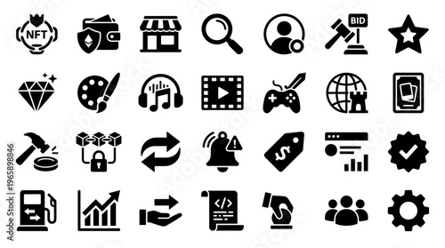 Collection of modern flat icons representing digital technology, finance, gaming, and business concepts on a white background