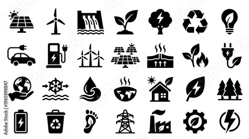 Collection of eco-friendly energy and sustainability icons representing renewable resources and environmental protection concepts