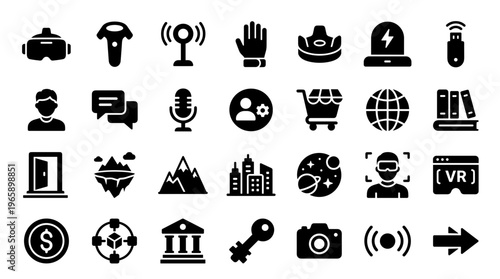 Collection of modern flat icons representing virtual reality technology, business, and digital concepts for web and app design