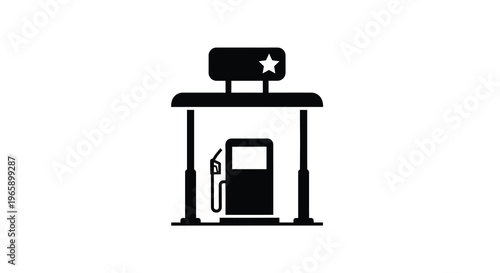 Simple black silhouette of a gas station with a star emblem