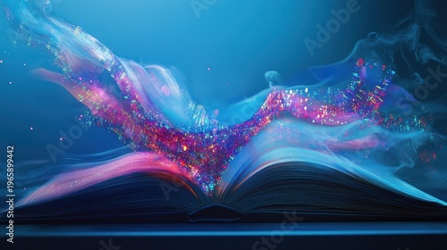 Open book, magical particles, knowledge, blue background, education concept