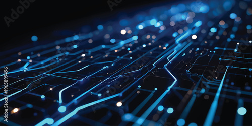 Photos A high-tech digital communication background featuring a blue circuit board and