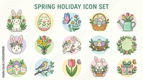 Cute Spring Holiday Icons Featuring Easter Bunnies, Eggs, Flowers, and Butterflies for Festive Decorations