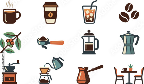Coffee and Cafe Icon Set Featuring Brewing Methods, Beans, Espresso Drinks, Equipment, and Barista Tools for Menu Design, Branding, and UI Use