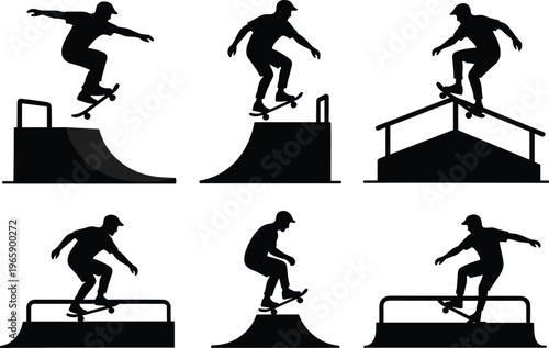 Skateboarder silhouette illustration, performing tricks on ramps and rails, skatepark vector art, dynamic motion concept, extreme sports lifestyle, urban design composition