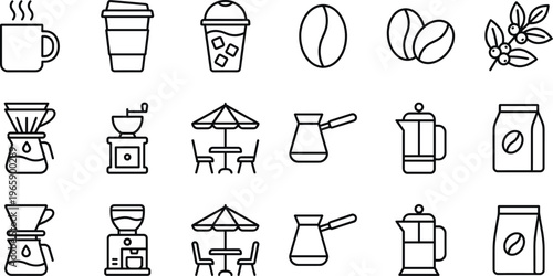 Coffee and Cafe Line Icon Set Featuring Beans, Brewing Equipment, Cups, Takeaway Drinks, and Barista Tools for Menu Design and UI Applications