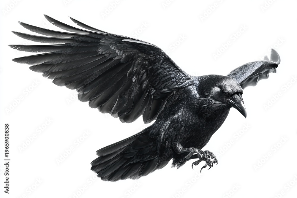 Naklejka premium raven hovering on white background 