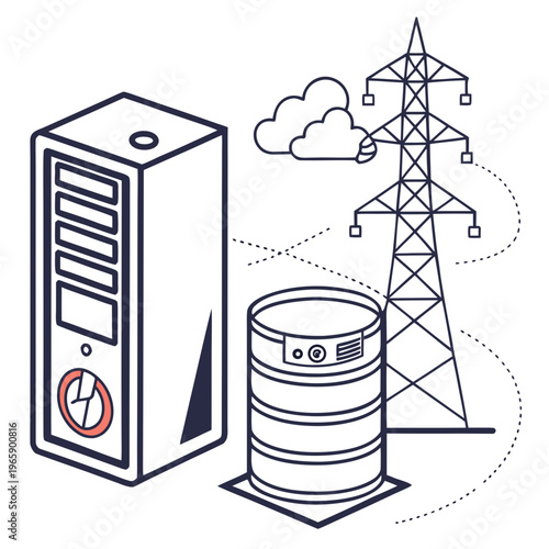 Data center infrastructure, server rack, database storage, power grid connection, cloud computing, information technology network