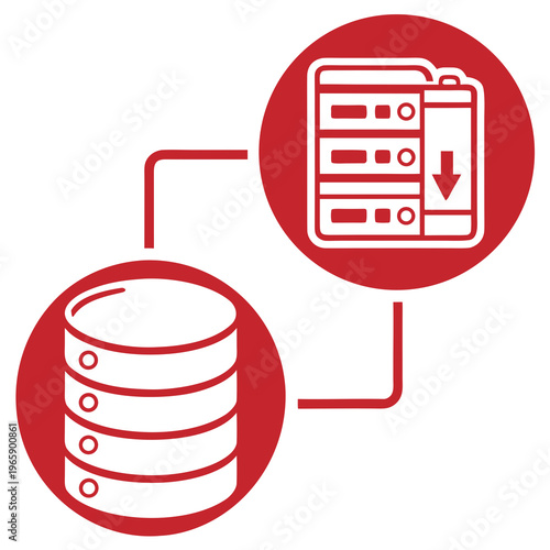 Database server migration and data backup icon showing cloud storage and server unit with down arrow inside red circular background for technology