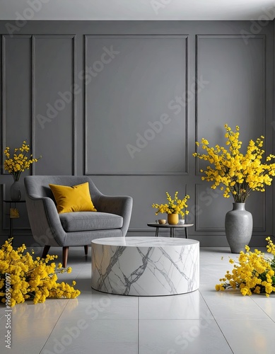 Elegant Living Room with Gray Armchair and Vibrant Yellow Flowers.