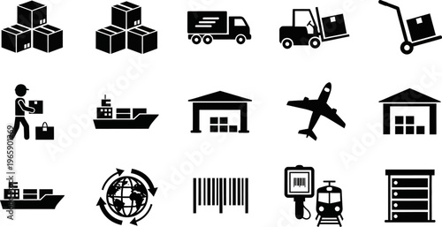 Logistics and transportation icons including trucks ships airplanes and warehouses for global delivery and supply chain management