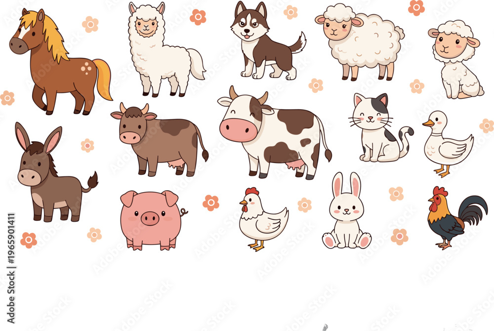Obraz premium Farm Animal Character Set with Cute Donkey, Sheep, Horse, Cow, and More, Cartoon Style