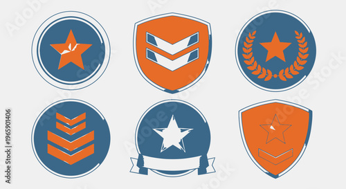 Set of abstract badges and shields in blue and orange color scheme