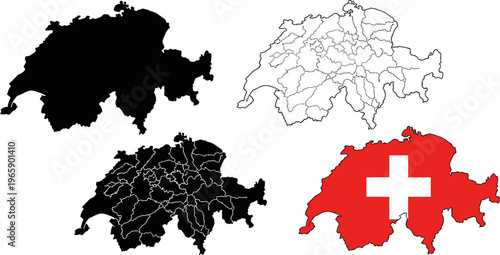 Switzerland map with flag and different styles for illustration or design use  country borders and regions