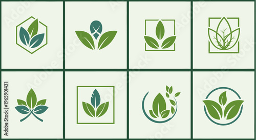 Set of abstract green leaf designs ideal for nature or eco friendly branding