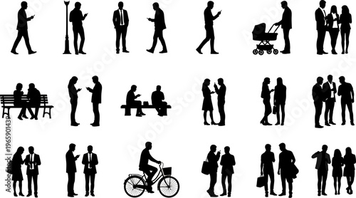 Collection of people silhouettes in various daily activities and social interactions on white background