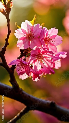 Close up of delicate pink cherry blossoms on a bare tree branch with soft warm sunlight filtering through petals and a blurred golden bokeh background