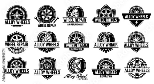 Cuadro en lienzo Set of alloy wheels and wheel repair logos in monochrome style