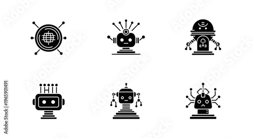 Set of black robot icons technology artificial intelligence futuristic design