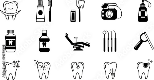 Dental care icons including toothbrushes toothpaste and dental tools on white background