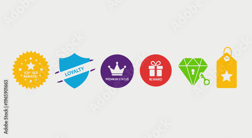 Set of colorful business icons symbols for rewards top tier and loyalty