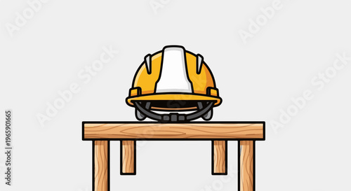 Yellow hard hat rests on a simple wooden sawhorse