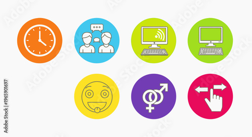 Set of colorful circular icons representing various concepts and symbols