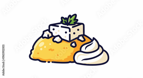 Yellow dessert with white cream and green garnish