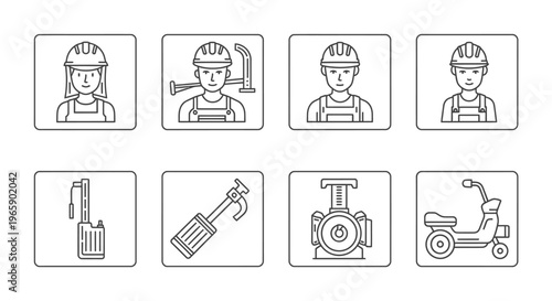 Set of construction worker icons with tools and scooter in outline style