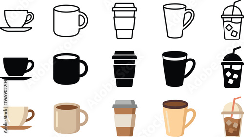 Coffee Cup Icon Set Vector Illustration with Mug Takeaway Cups Hot and Cold Drinks in Outline Solid and Colored Styles for Cafe Design Projects